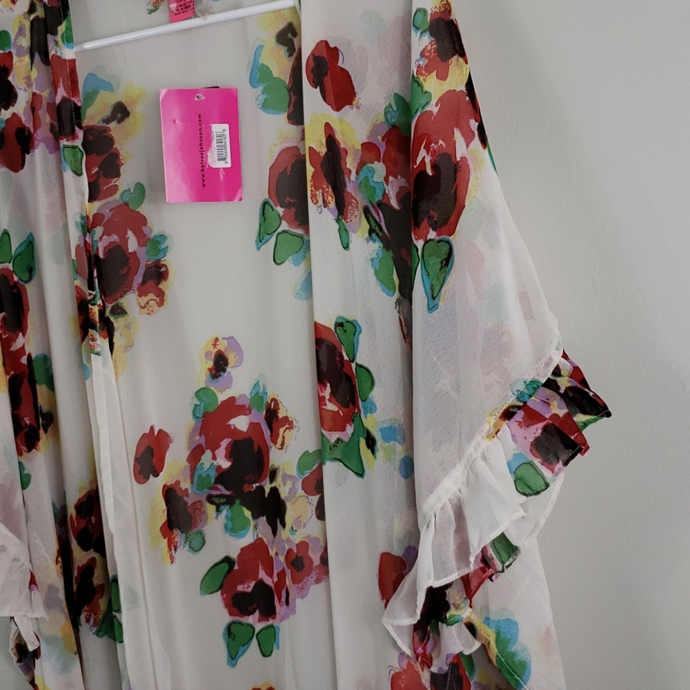 NWT Betsey Johnson OSFM White Floral Sheer Kimono - Picture 8 of 9